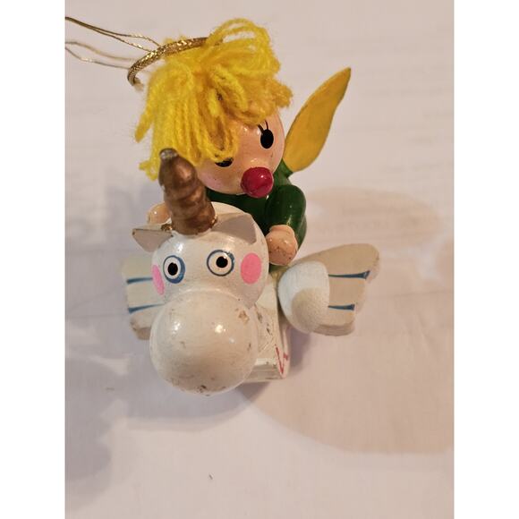 Flying Rocking Unicorn With Passenger Angel Wooden Vintage Tree Ornament - Picture 2 of 5